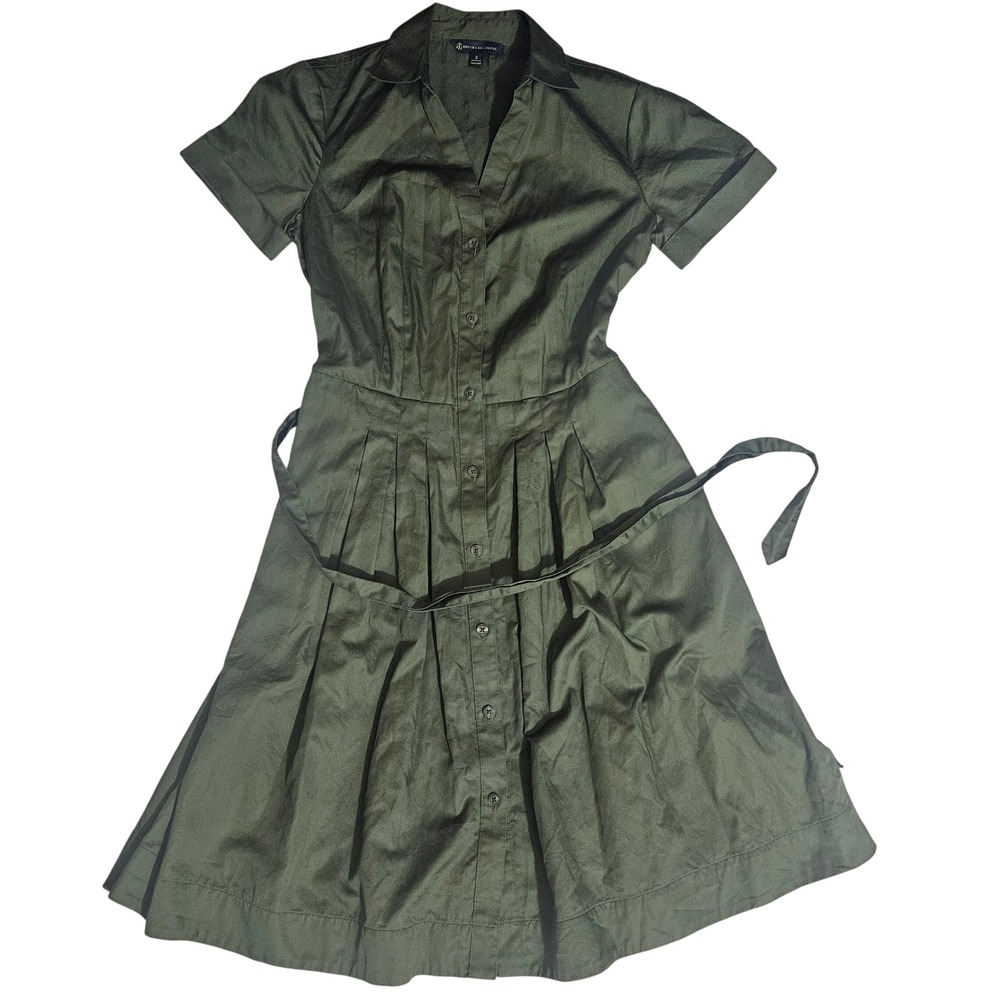 Brooks Brothers Olive Green Button Down Belted A-Line Shirt Dress Size 2